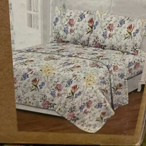 Tree Organic 2000 Queen Sheet Set 100% Organic Cotton Floral White Blue RN157371